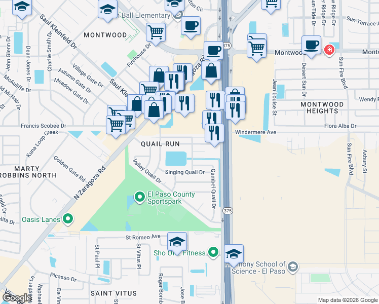 map of restaurants, bars, coffee shops, grocery stores, and more near 12140 Tree Quail Court in El Paso
