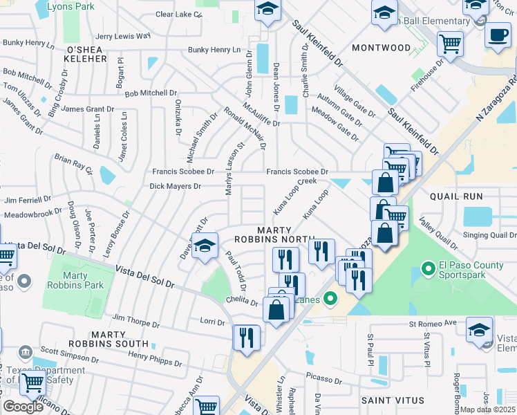 map of restaurants, bars, coffee shops, grocery stores, and more near 11841 Lewis Lee Court in El Paso