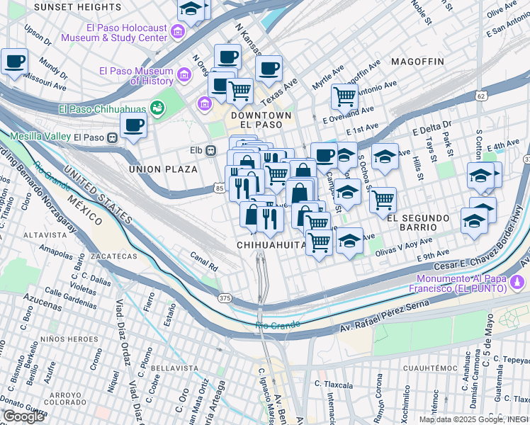 map of restaurants, bars, coffee shops, grocery stores, and more near 601 South Oregon Street in El Paso