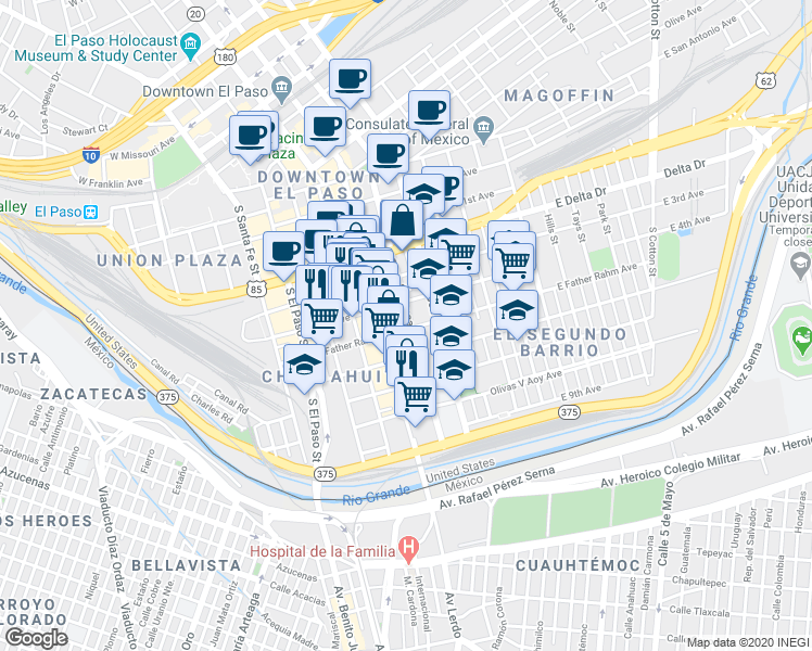map of restaurants, bars, coffee shops, grocery stores, and more near 619 South Kansas Street in El Paso