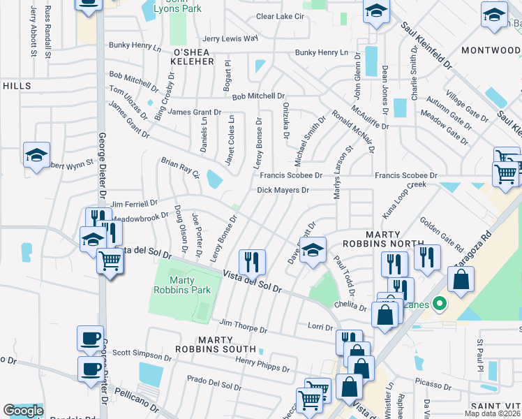 map of restaurants, bars, coffee shops, grocery stores, and more near 1640 Phil Gibbs Drive in El Paso