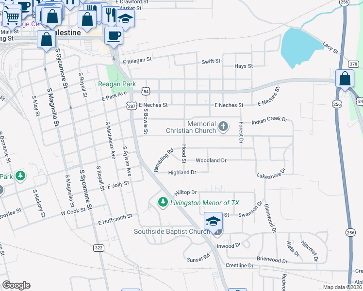 map of restaurants, bars, coffee shops, grocery stores, and more near 21 Rambling Road in Palestine