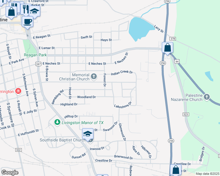 map of restaurants, bars, coffee shops, grocery stores, and more near 57 Rambling Road in Palestine