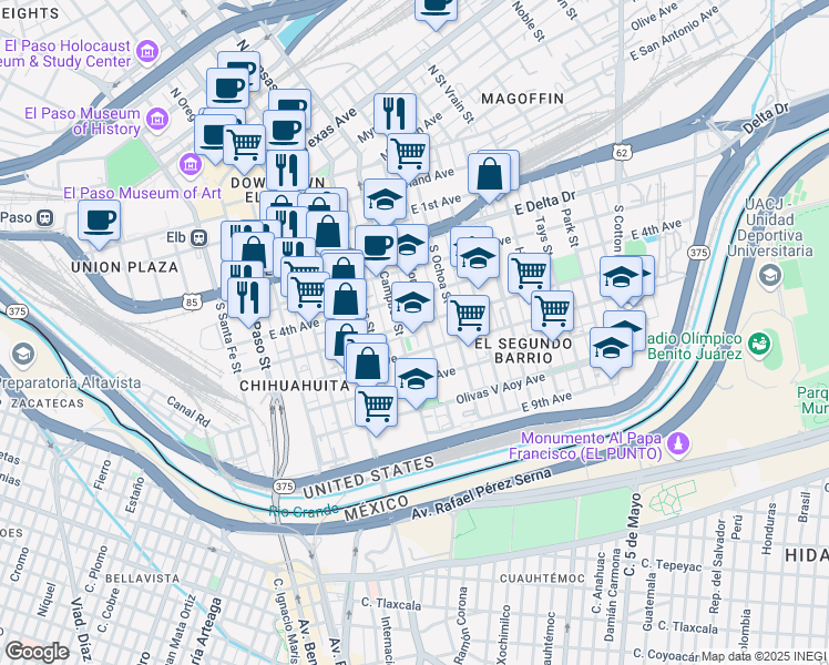 map of restaurants, bars, coffee shops, grocery stores, and more near 616 East Father Rahm Avenue in El Paso