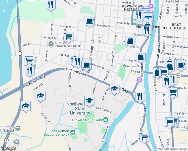 map of restaurants, bars, coffee shops, grocery stores, and more near 724 University Parkway in Natchitoches