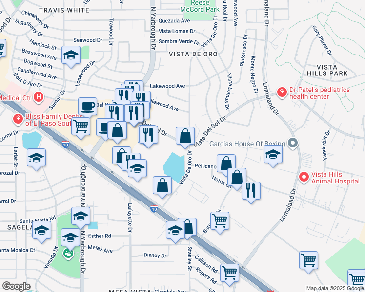 map of restaurants, bars, coffee shops, grocery stores, and more near 10701 Vista Del Sol Drive in El Paso