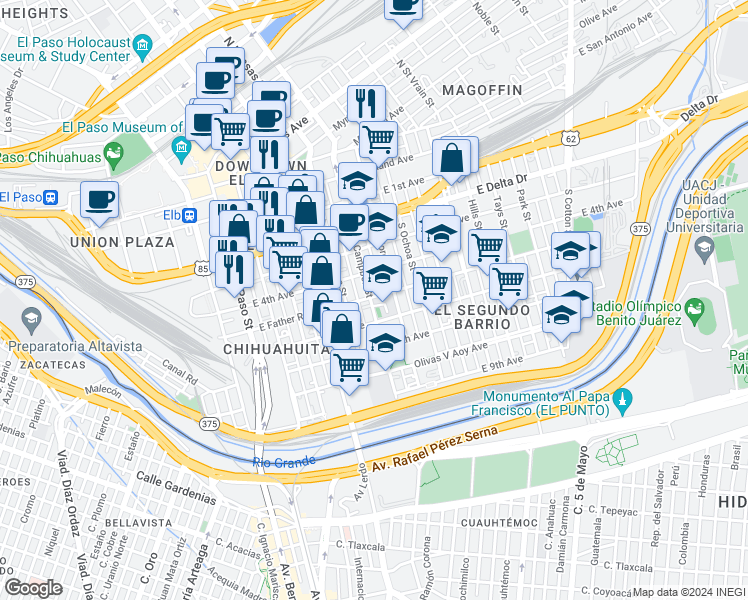 map of restaurants, bars, coffee shops, grocery stores, and more near 700 South Campbell Street in El Paso