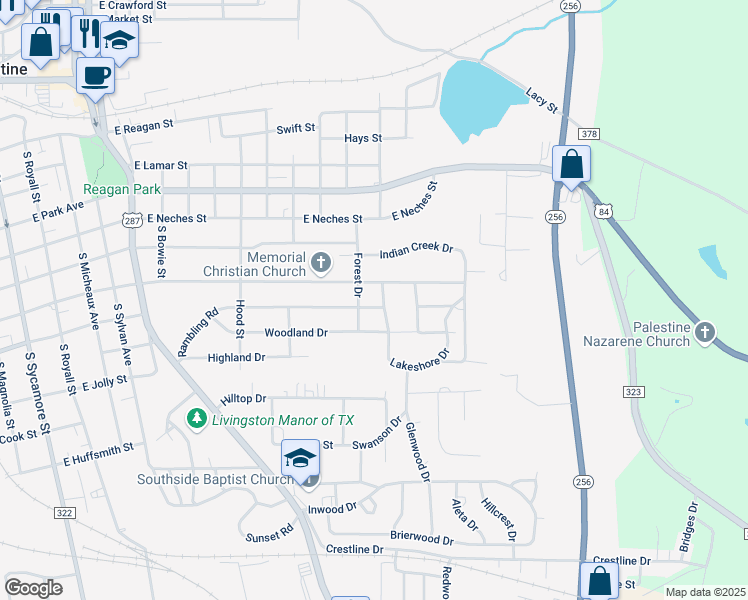 map of restaurants, bars, coffee shops, grocery stores, and more near 57 Rambling Road in Palestine