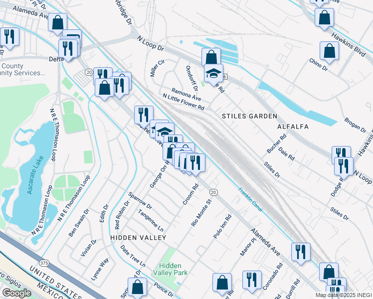 map of restaurants, bars, coffee shops, grocery stores, and more near 7109 Alameda Avenue in El Paso