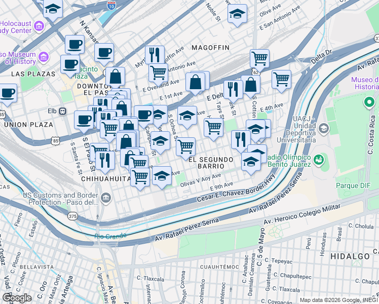 map of restaurants, bars, coffee shops, grocery stores, and more near 802a South Virginia Street in El Paso