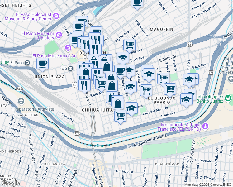 map of restaurants, bars, coffee shops, grocery stores, and more near 619 South Kansas Street in El Paso