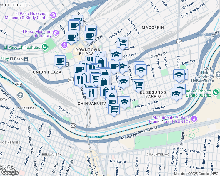 map of restaurants, bars, coffee shops, grocery stores, and more near 619 South Kansas Street in El Paso