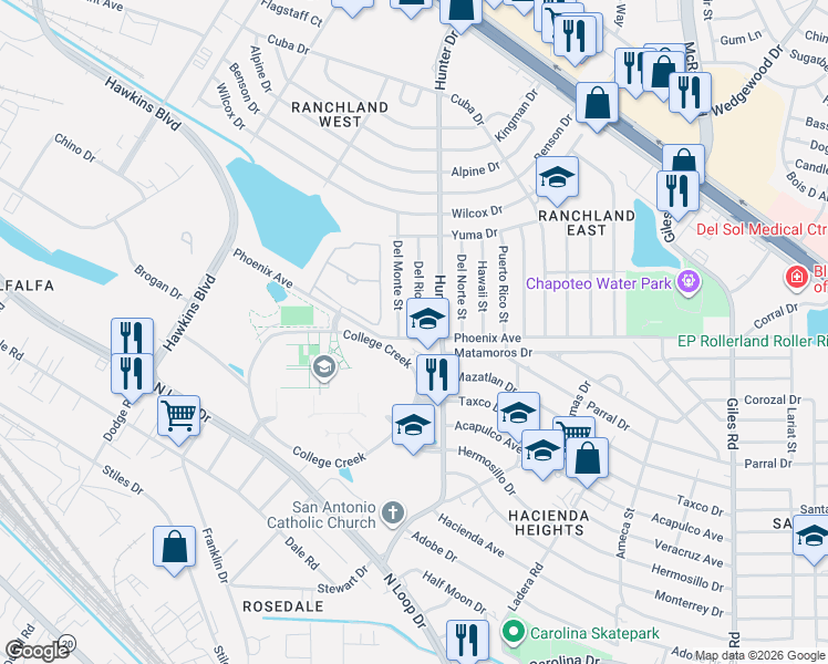 map of restaurants, bars, coffee shops, grocery stores, and more near 1101 Del Rio Street in El Paso