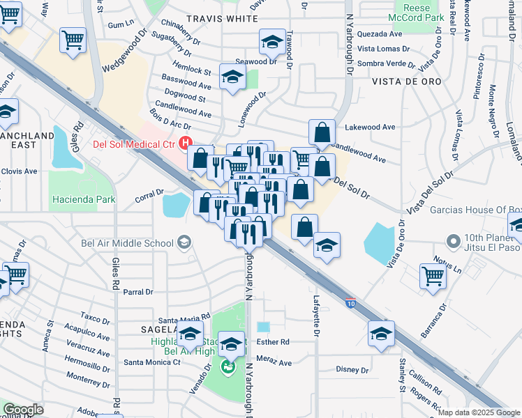 map of restaurants, bars, coffee shops, grocery stores, and more near 1105 North Yarbrough Drive in El Paso
