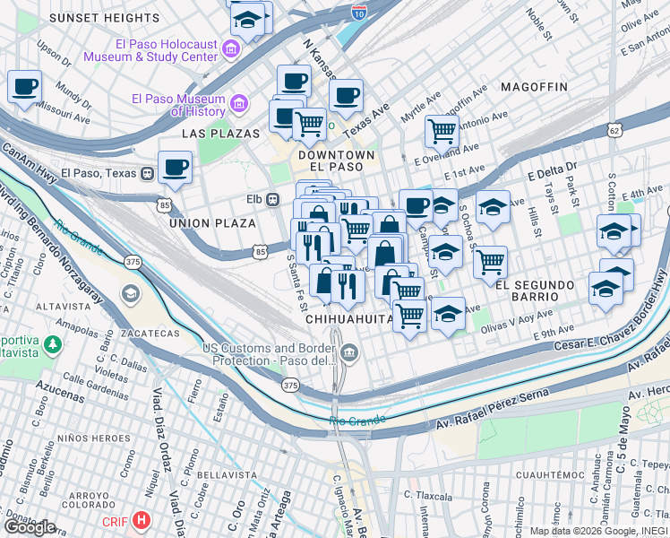 map of restaurants, bars, coffee shops, grocery stores, and more near 601 South Oregon Street in El Paso