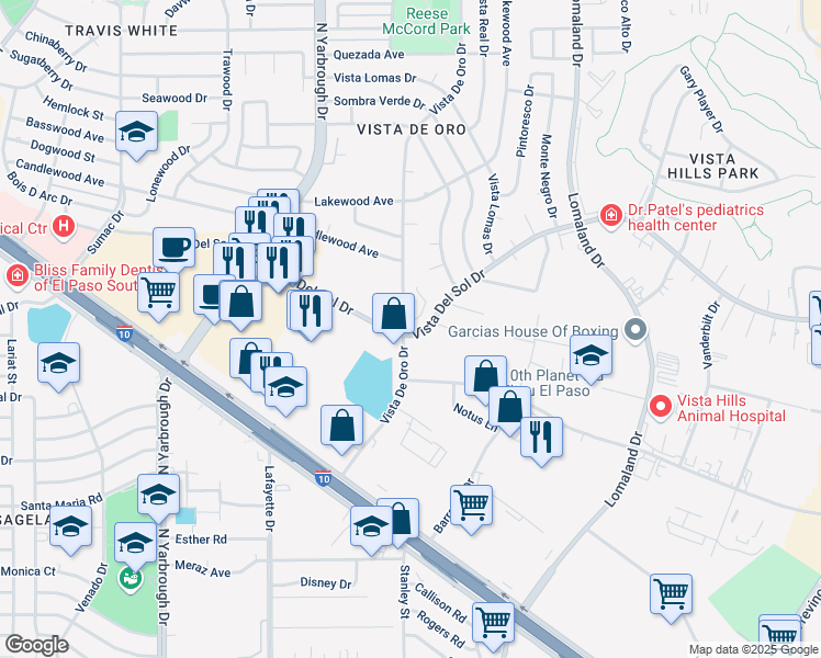 map of restaurants, bars, coffee shops, grocery stores, and more near 10744 Vista Del Sol Drive in El Paso