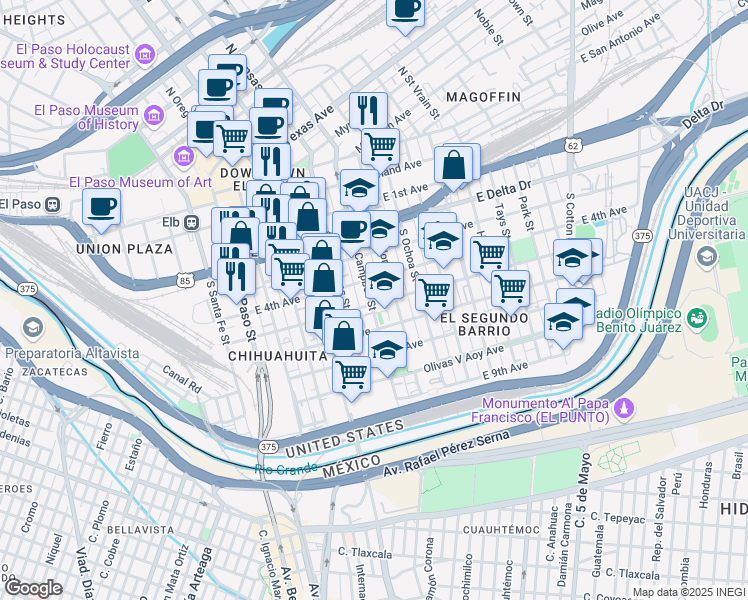 map of restaurants, bars, coffee shops, grocery stores, and more near 700 South Campbell Street in El Paso