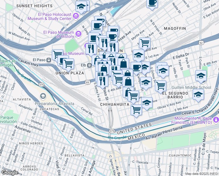 map of restaurants, bars, coffee shops, grocery stores, and more near 601 South Oregon Street in El Paso