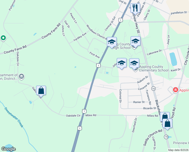 map of restaurants, bars, coffee shops, grocery stores, and more near Route 1 in Baxley