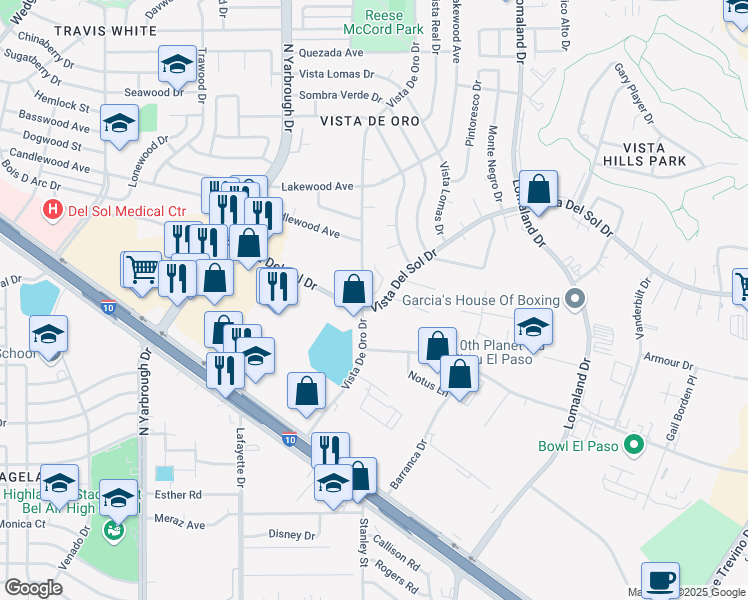 map of restaurants, bars, coffee shops, grocery stores, and more near 10744 Vista Del Sol Drive in El Paso