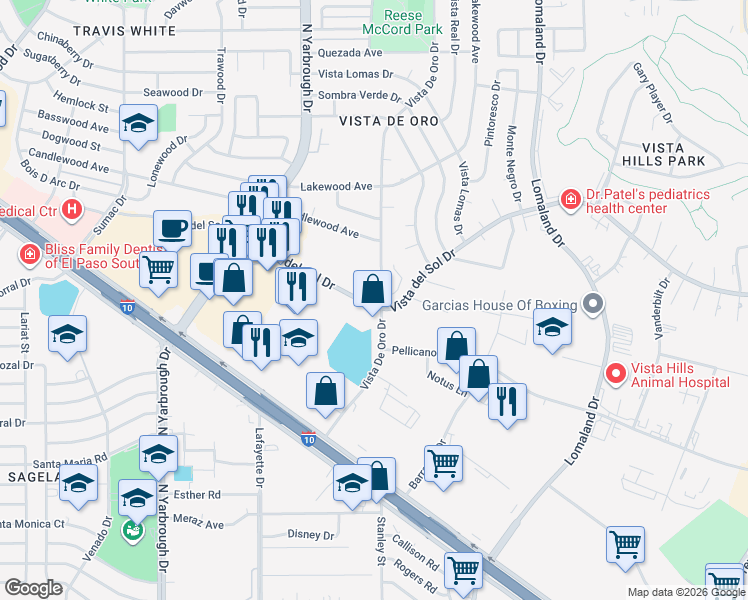map of restaurants, bars, coffee shops, grocery stores, and more near 10701 Vista Del Sol Drive in El Paso