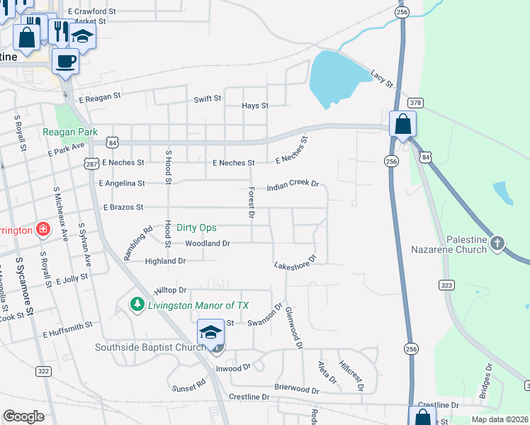 map of restaurants, bars, coffee shops, grocery stores, and more near 57 Rambling Road in Palestine