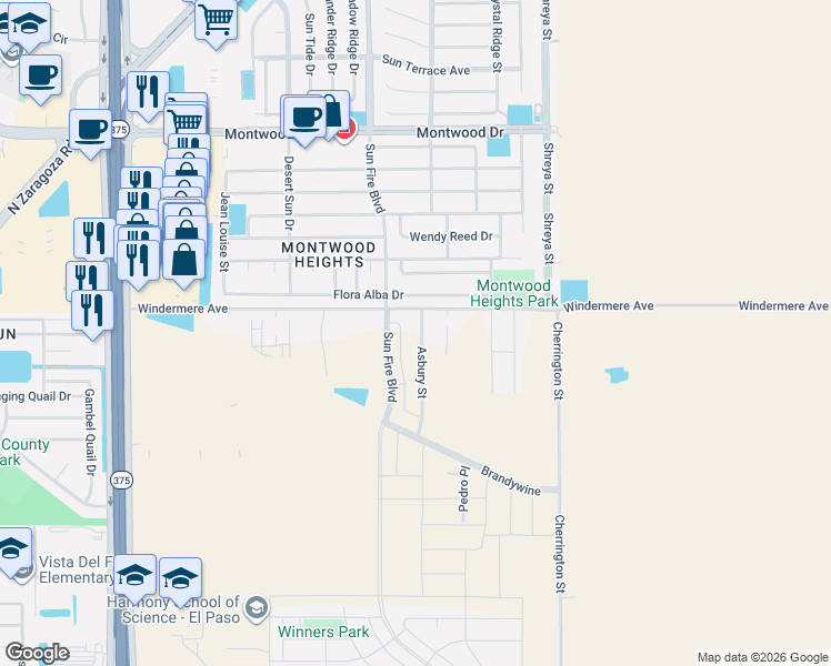 map of restaurants, bars, coffee shops, grocery stores, and more near Folkstone St in El Paso