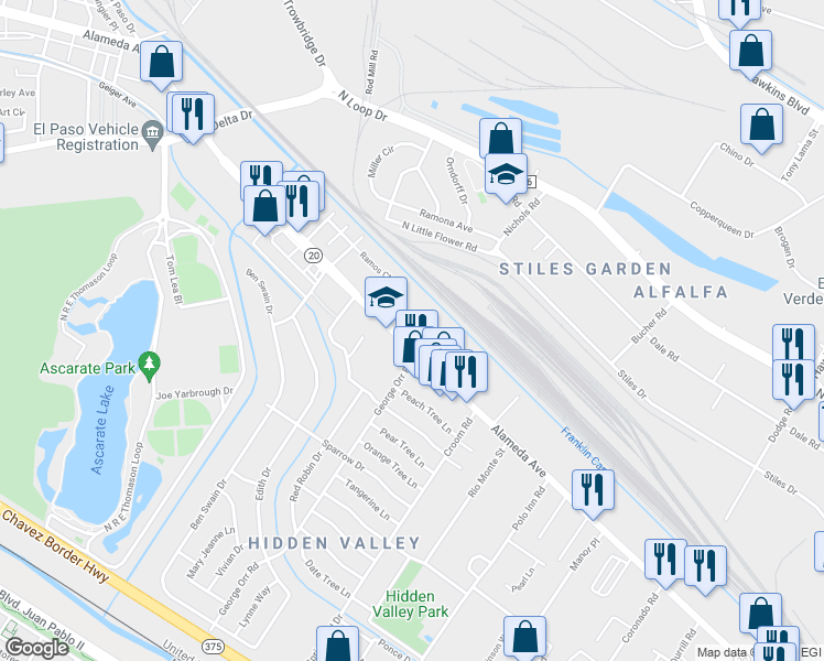 map of restaurants, bars, coffee shops, grocery stores, and more near in El Paso