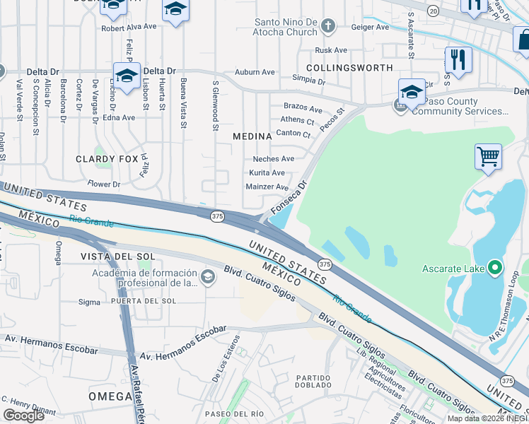 map of restaurants, bars, coffee shops, grocery stores, and more near 726 Medina Street in El Paso