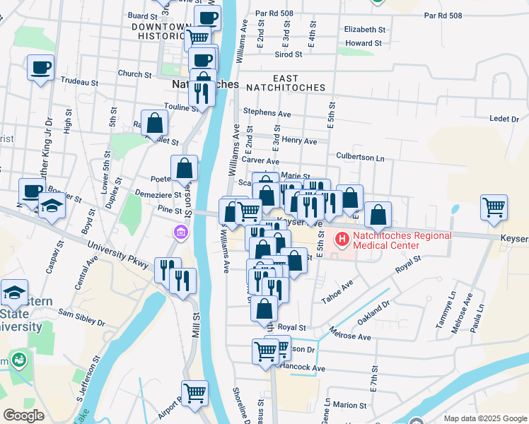 map of restaurants, bars, coffee shops, grocery stores, and more near 101 South Dr in Natchitoches