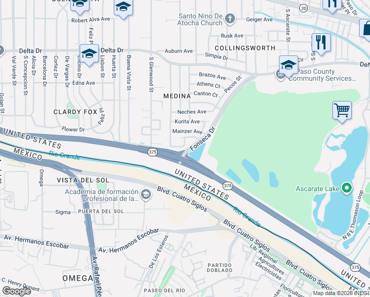 map of restaurants, bars, coffee shops, grocery stores, and more near 726 Medina Street in El Paso