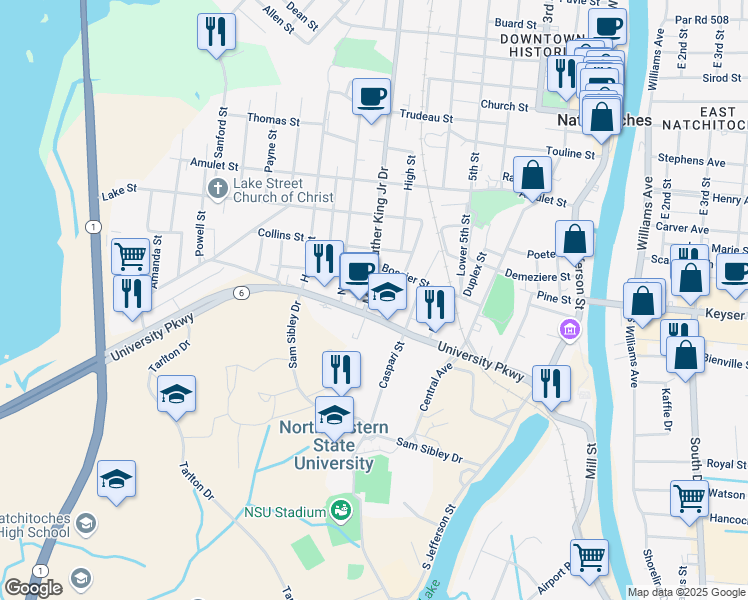 map of restaurants, bars, coffee shops, grocery stores, and more near 113 Martin Luther King Junior Drive in Natchitoches
