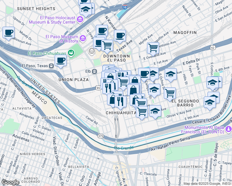 map of restaurants, bars, coffee shops, grocery stores, and more near 601 South Oregon Street in El Paso