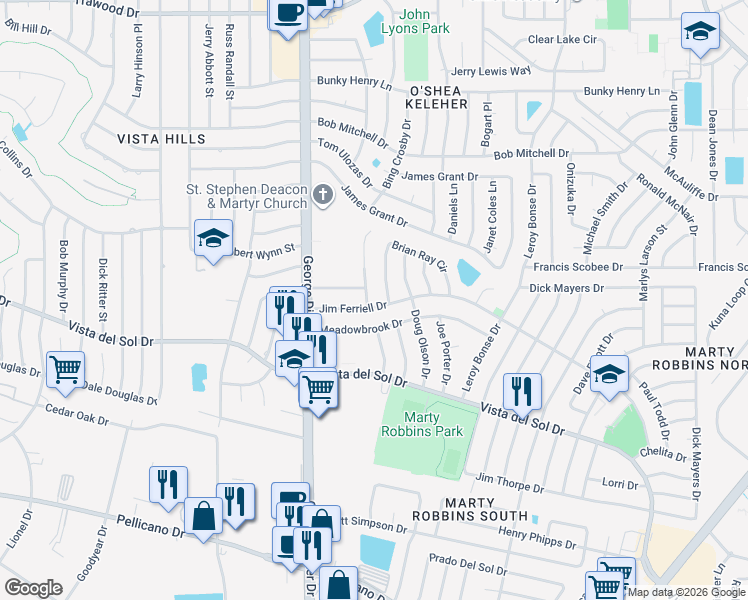map of restaurants, bars, coffee shops, grocery stores, and more near 11500 Jim Ferriell Drive in El Paso