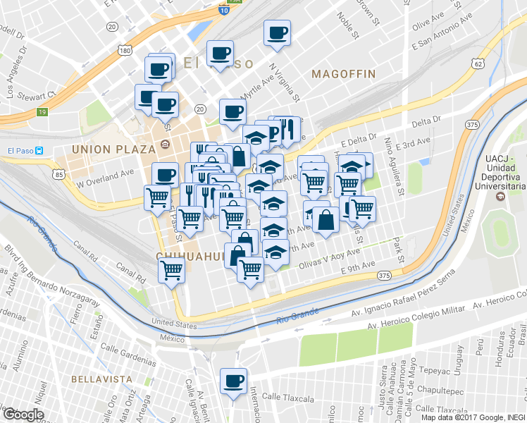map of restaurants, bars, coffee shops, grocery stores, and more near 700 South Campbell Street in El Paso