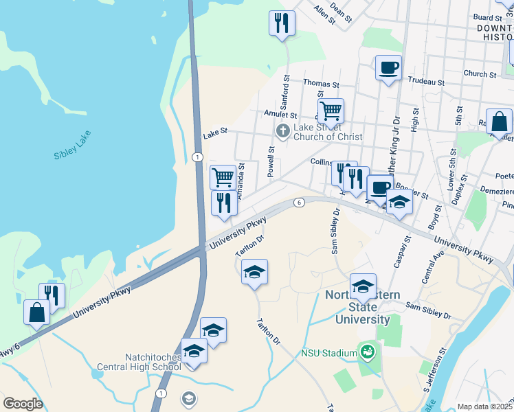 map of restaurants, bars, coffee shops, grocery stores, and more near 3800 University Parkway in Natchitoches