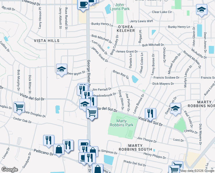 map of restaurants, bars, coffee shops, grocery stores, and more near 11500 Jim Ferriell Drive in El Paso