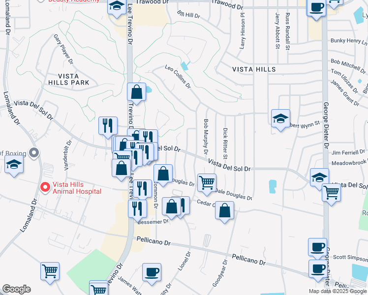 map of restaurants, bars, coffee shops, grocery stores, and more near 1601 Charles Owens Drive in El Paso