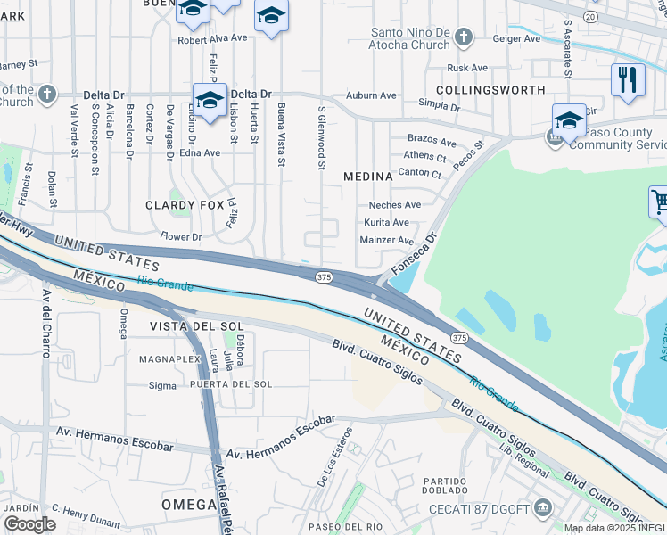 map of restaurants, bars, coffee shops, grocery stores, and more near 460 South Glenwood Street in El Paso