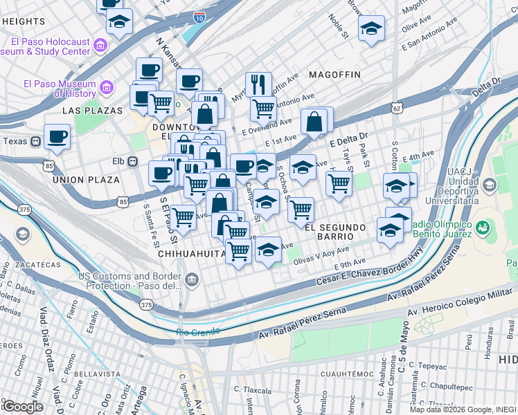 map of restaurants, bars, coffee shops, grocery stores, and more near 517 South Florence Street in El Paso