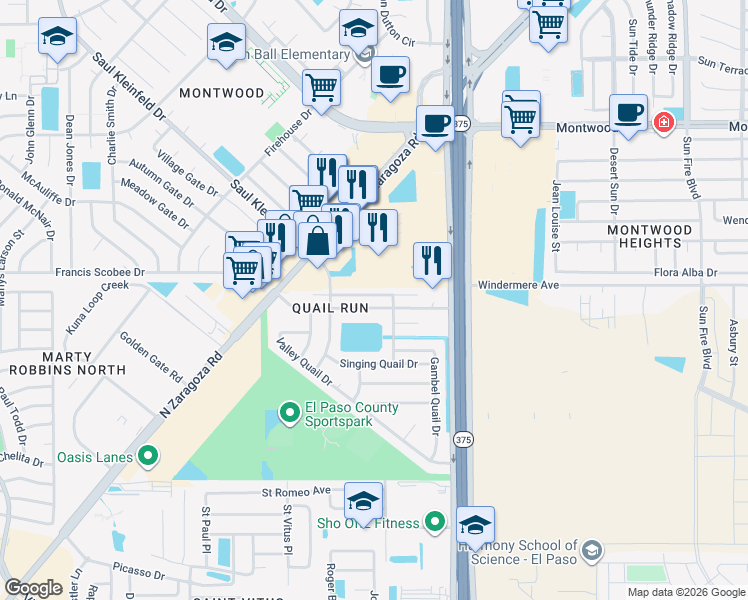map of restaurants, bars, coffee shops, grocery stores, and more near 12120 Desert Quail Avenue in El Paso