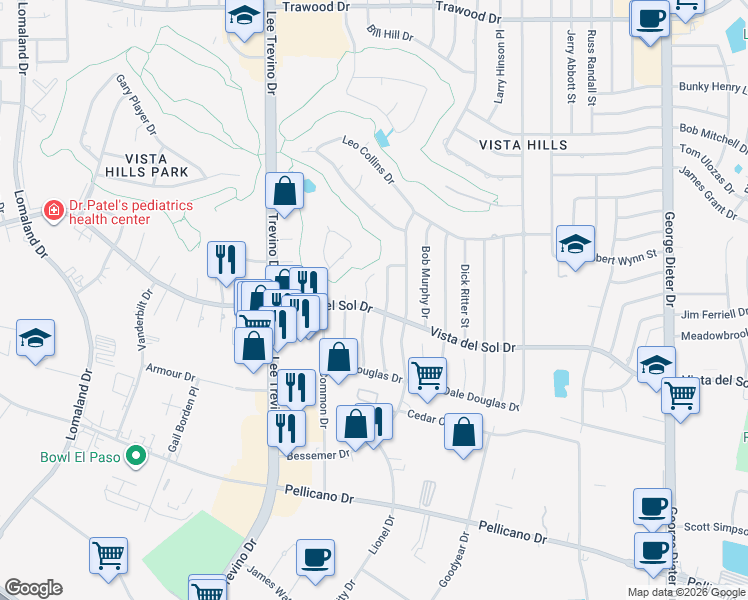map of restaurants, bars, coffee shops, grocery stores, and more near 1600 Larry Wadkins Drive in El Paso