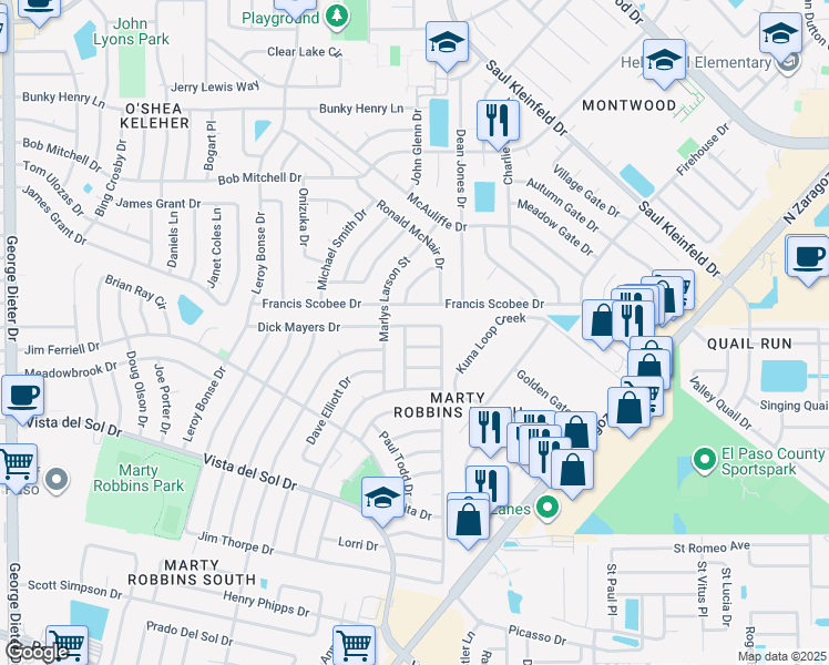 map of restaurants, bars, coffee shops, grocery stores, and more near 11845 Dick Mayers Drive in El Paso