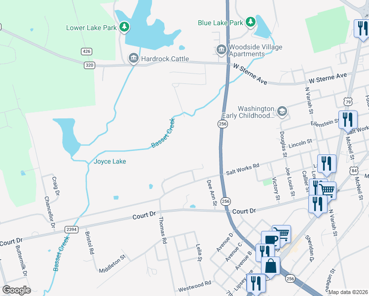 map of restaurants, bars, coffee shops, grocery stores, and more near 5030 Salt Works Road in Palestine