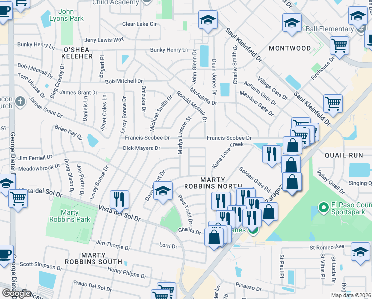 map of restaurants, bars, coffee shops, grocery stores, and more near 11809 Dick Mayers Drive in El Paso