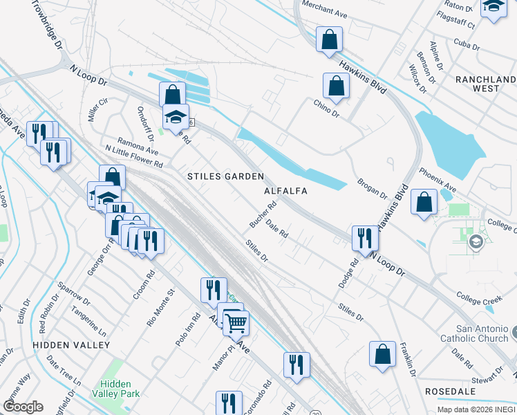 map of restaurants, bars, coffee shops, grocery stores, and more near 7158 North Loop Drive in El Paso