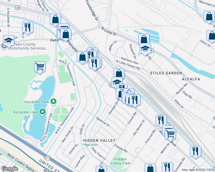 map of restaurants, bars, coffee shops, grocery stores, and more near 7069 Alameda Avenue in El Paso