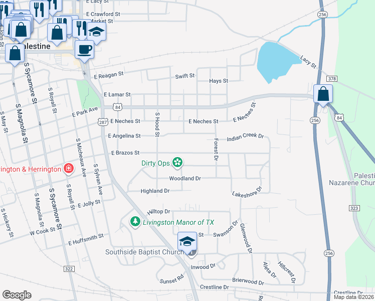map of restaurants, bars, coffee shops, grocery stores, and more near 1007 East Brazos Street in Palestine
