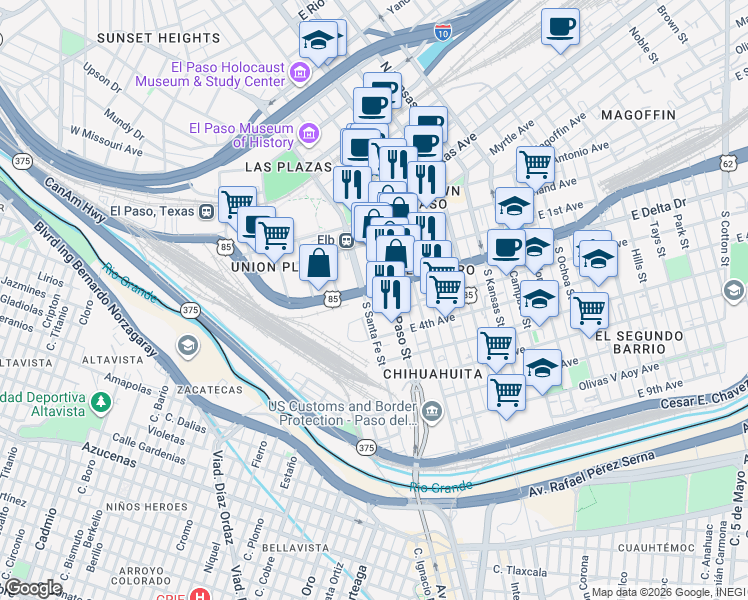 map of restaurants, bars, coffee shops, grocery stores, and more near 331 South Santa Fe Street in El Paso