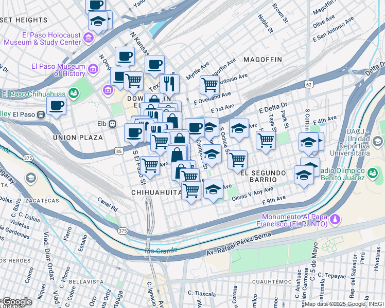 map of restaurants, bars, coffee shops, grocery stores, and more near 516 South Kansas Street in El Paso